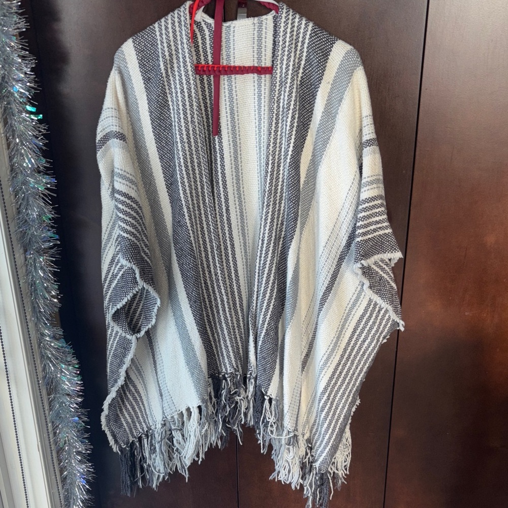 Aerie Black and White Striped Poncho with Fringe